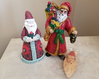 Vintage Christmas Decorations, Santa Ornaments, Polymer Clay Santa Claus, Hand Carved Santa Head Ornament, Hard Plastic Santa Claus