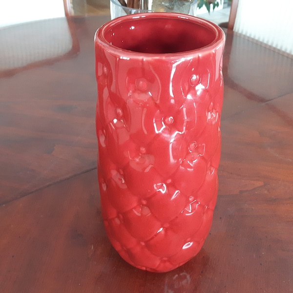 Vintage Quilted Pattern Ceramic Vase, Brick Red Ceramic Vase, Vintage Flower Vase