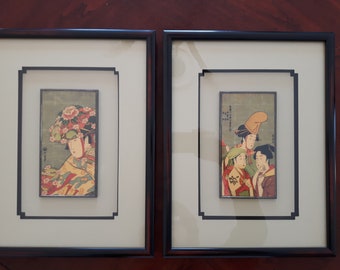 Vintage Rice Paper Women in Kimonos Signed Art, Japanese Women Signed Artwork, Rice Paper Art Professionally Framed and Matted, Japan Art