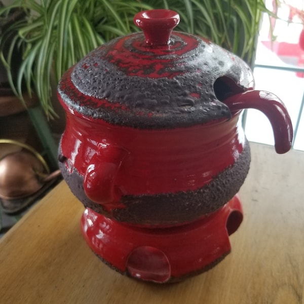 Fat Lava Soup Tureen and Warmer, Hand Made Red Pottery Soup Tureen with Lid, Ladle, and Warming Stand, Vintage Fat Lava Pottery