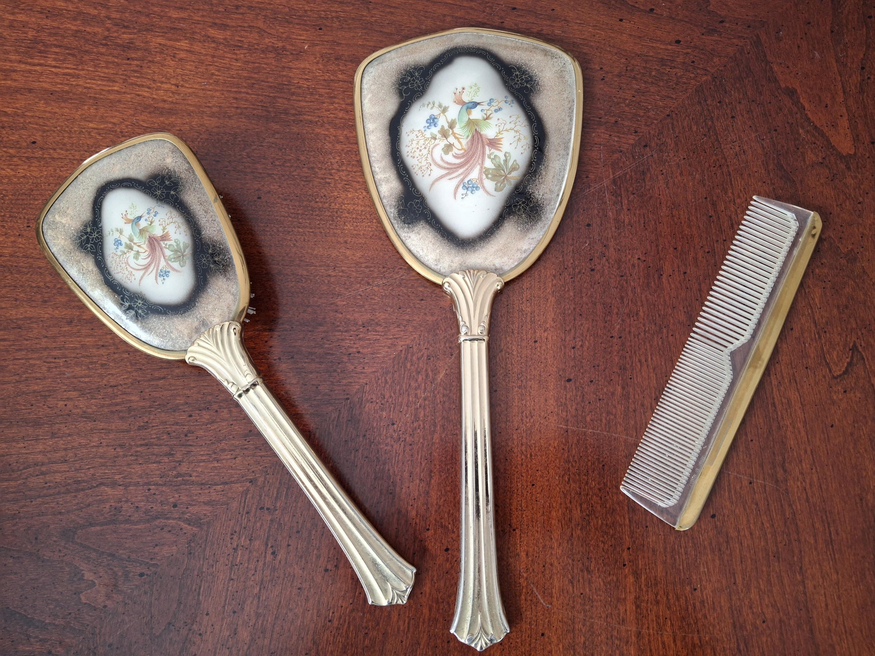 Vintage Vanity Set, Hairbrush Mirror and Comb Set, Gold Tone Vanity Set with Bird of Paradise Decoration, Midcentury Brush Comb and Mirror