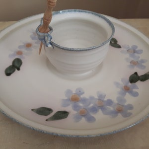 Hand Made Pottery Serving Plate with Attached Dish and Spreader, Artist Signed Hand Thrown Pottery Serving Dish