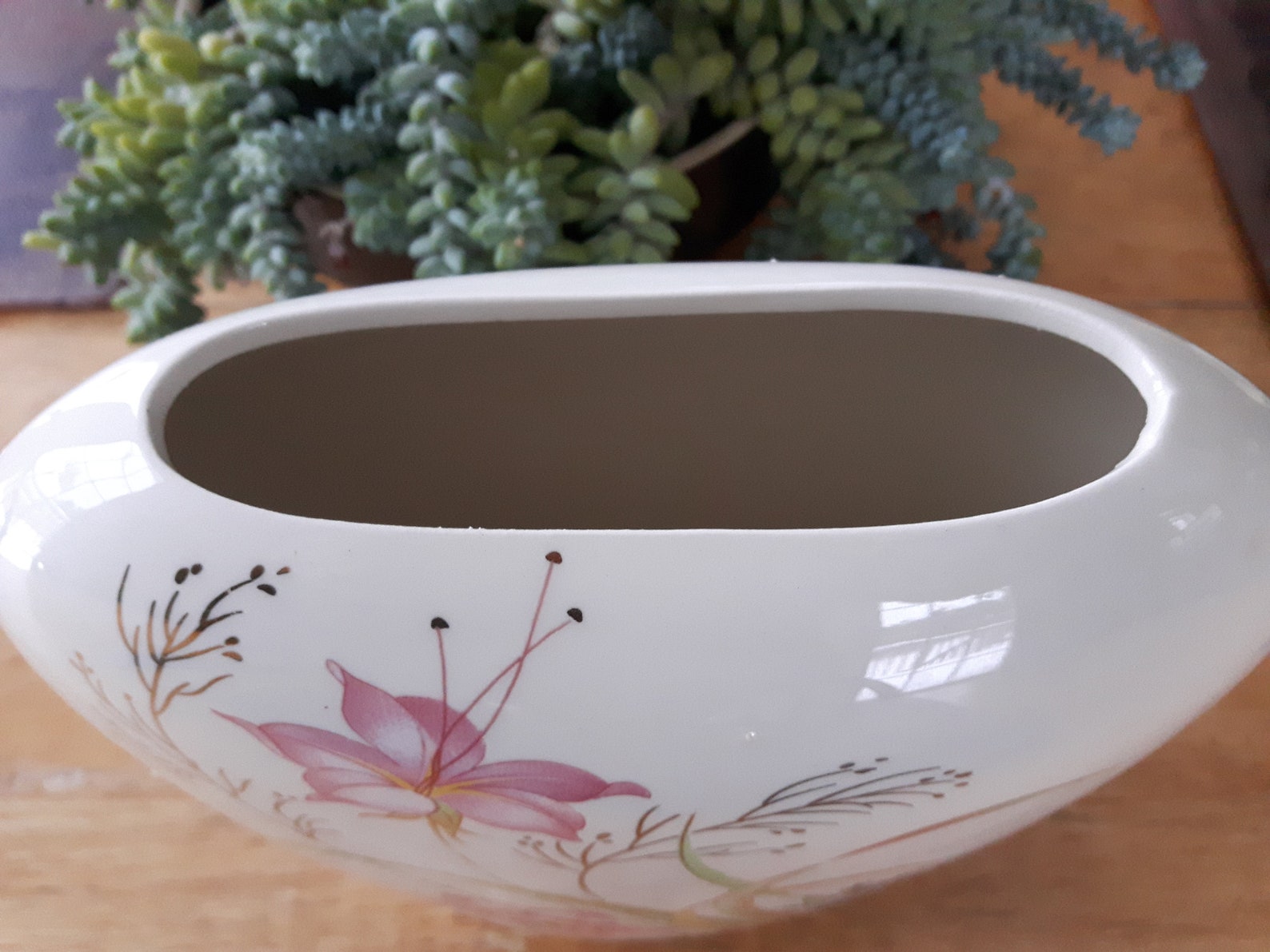 Vintage Thin Oval Ceramic Floral Vase Large Flat Oval Ceramic Etsy