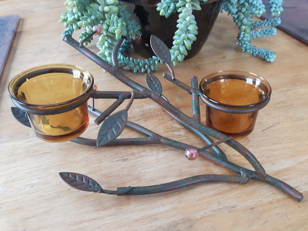 Vintage Metal and Glass Votive Candle Holder, Metal Branch Candle
