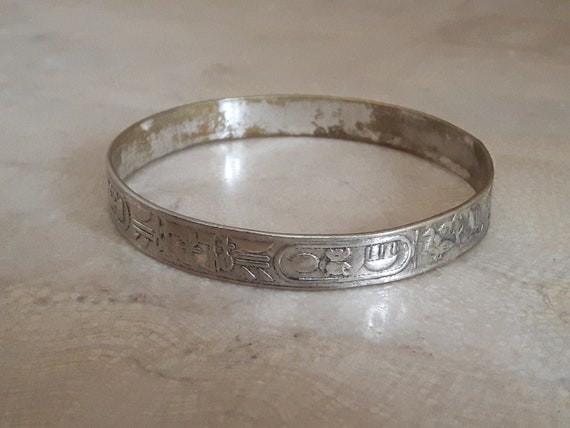 Sterling Silver Bangle Bracelet, Egyptian Hierogl… - image 2