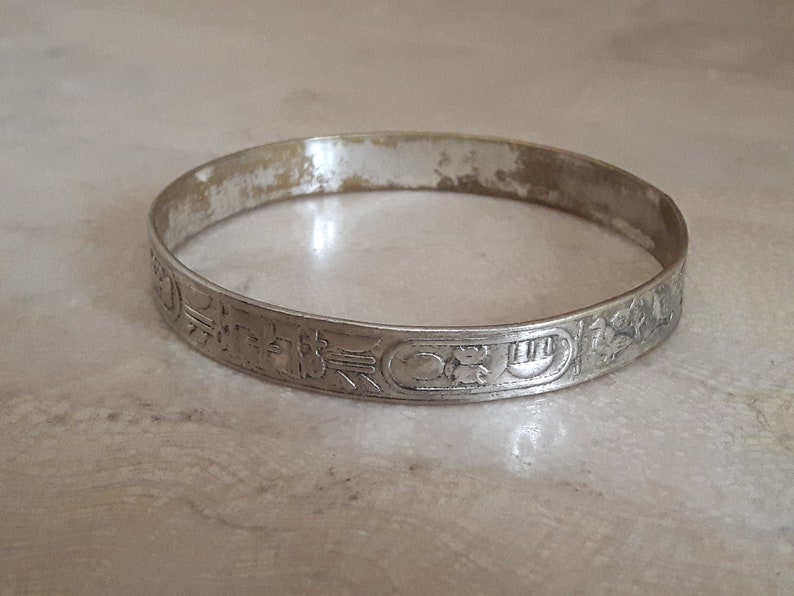 Sterling Silver Bangle Bracelet, Egyptian Hieroglyphics Silver Bracelet image 2