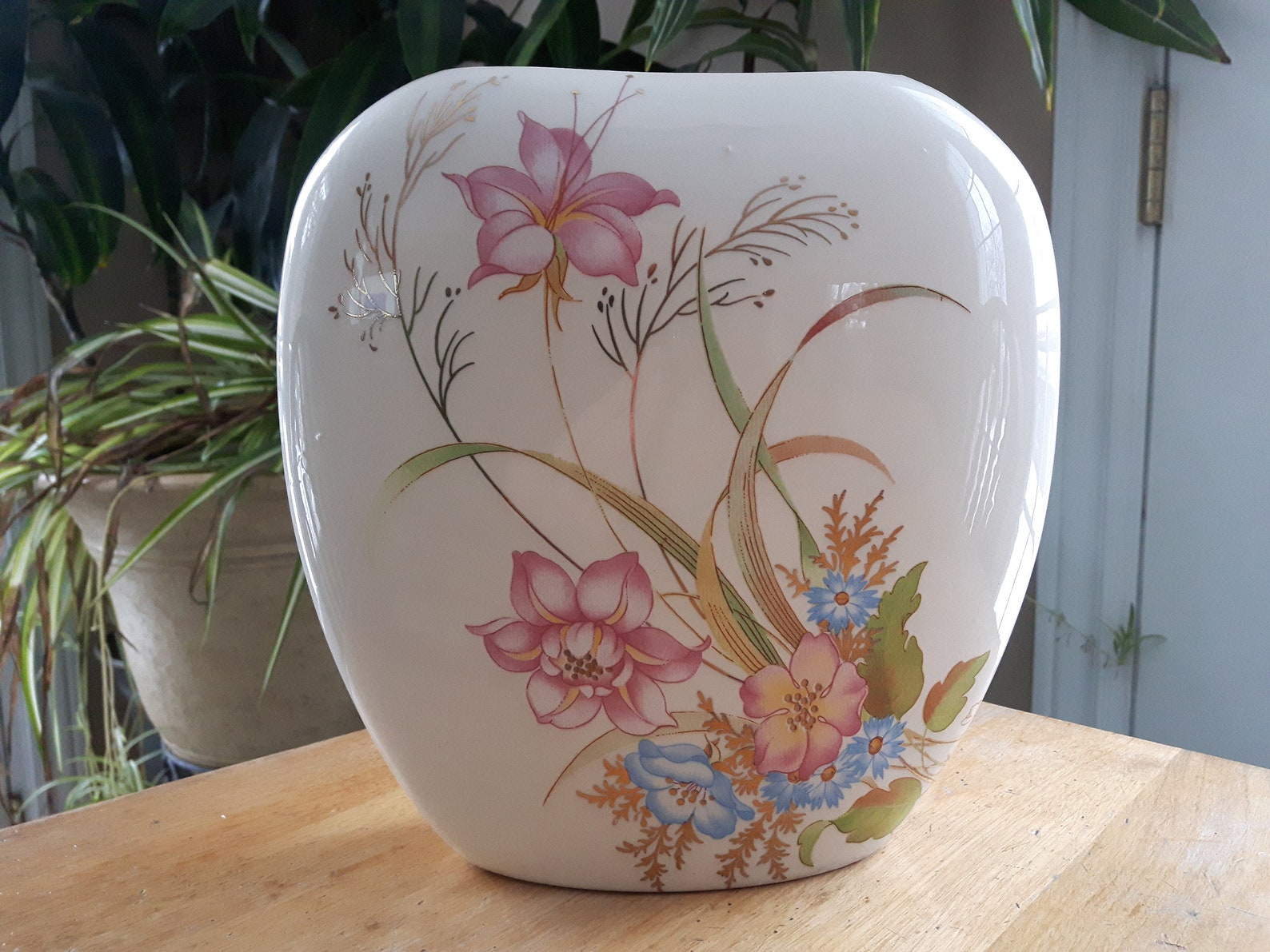 Vintage Thin Oval Ceramic Floral Vase Large Flat Oval Ceramic Etsy