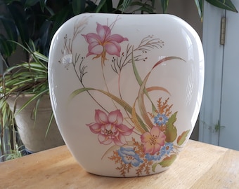 Vintage Thin Oval Ceramic Floral Vase, Large Flat Oval Ceramic
