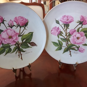 Hand Painted China Display Plates, Pink Rose Plates, Artist Signed Decorative Plates