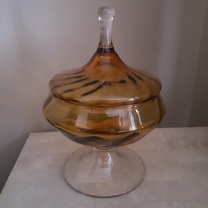 Lidded Amber Glass Pedestal Bowl, Amber Glass Bowl with Cover, Vintage Amber Glass