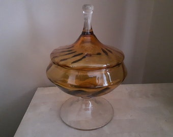 Lidded Amber Glass Pedestal Bowl, Amber Glass Bowl with Cover, Vintage Amber Glass