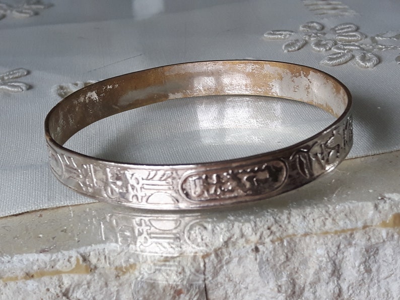 Sterling Silver Bangle Bracelet, Egyptian Hieroglyphics Silver Bracelet image 8