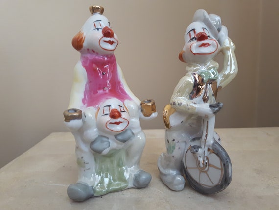 Paar Keramik Clown Figuren, Vintage Happy Clown Figuren, Clown mit Einrad,  Jonglierender Clown - .de