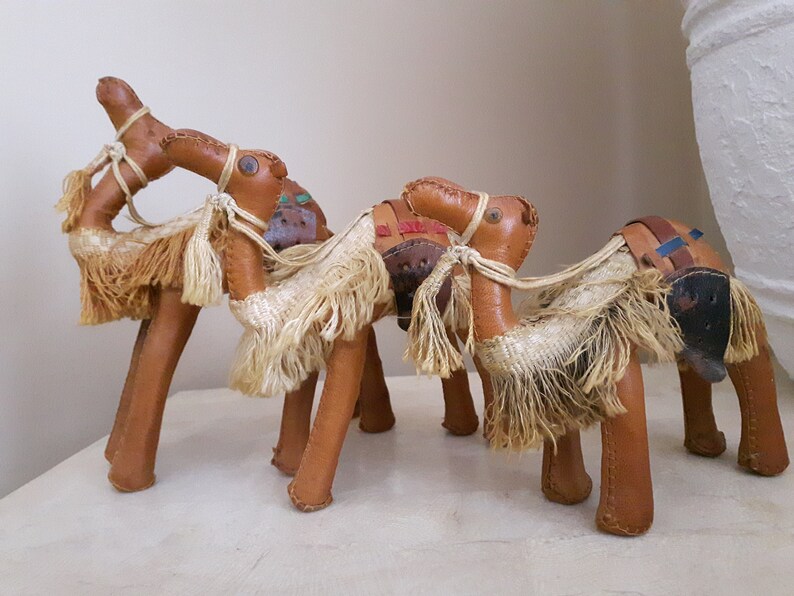 Vintage Trio of Leather Camel Figurines Leather Souvenir Camels Egyptian Camel Figurines Stuffed Leather Camel Hand Made Leather Camel