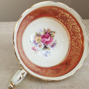 Paragon Fine Bone China Teacup, Orange Border with Gold Gilt Scrollwork Floral Bouquet China Teacup, China Potters Paragon China Teacup