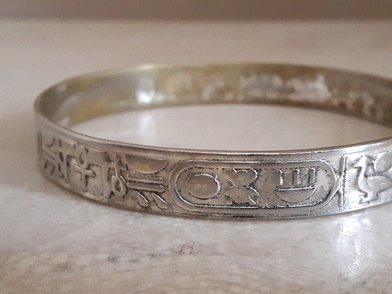 Sterling Silver Bangle Bracelet, Egyptian Hieroglyphics Silver Bracelet image 5