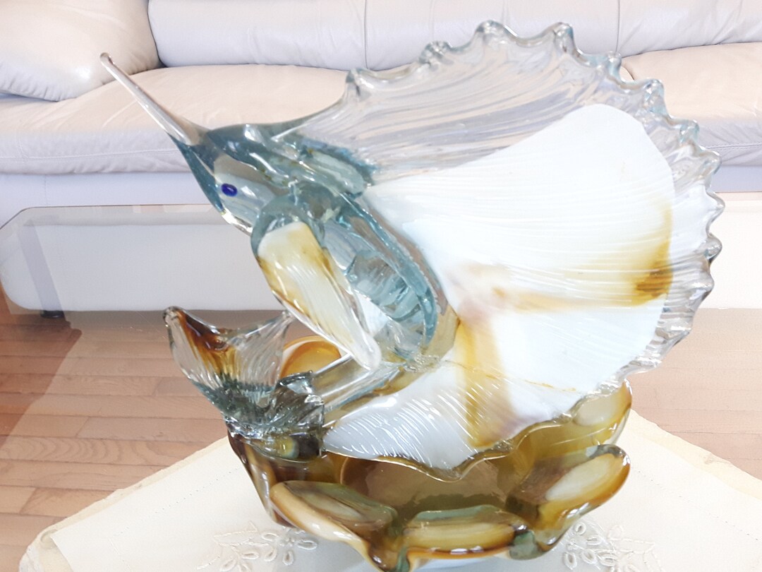Hand Blown Art Glass Swordfish Ashtray, Murano Style Blown Glass