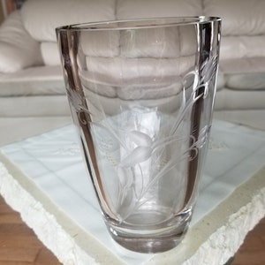 Vintage Orrefors Kristall geätzte Glasvase, Orrefors Kristall Oval Vase mit geätztem Hirsch, Mid Century Kunstglasvase