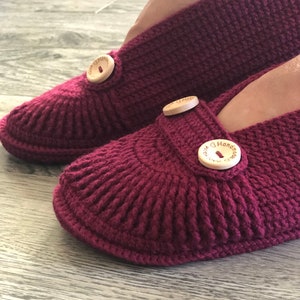 Handmade Slippers, Crochet Slippers, Womens Slippers, Cozy Button Slippers, Womens House Shoes, Leather Sole Slippers, Nonslip Slippers