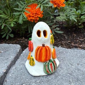 Pumpkin Ghost Figurine with LED Light - Halloween Decor