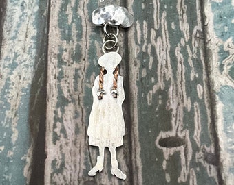 Kindred Spirit Young Girl Silhouette Pendant Sterling Silver with Copper Braids