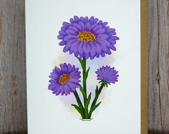 Hand Painted Aster Greeting Card - Linen Paper, Blank Inside, Floral Art