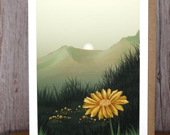 Hand Painted Mountain Flower Greeting Card - Linen Paper, Blank Inside, Floral Art