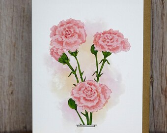 Hand Painted Carnation Greeting Card - Linen Paper, Blank Inside, Floral Art
