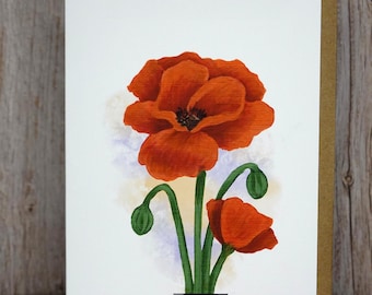 Hand Painted Poppy Card - Linen Paper, Blank Inside, Floral Art