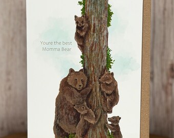 Mama Bear Greeting Card - Linen Paper, Blank Inside, Mothers Day, Custom Art