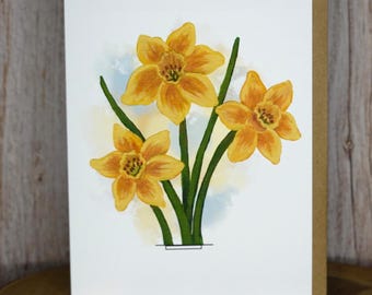 Hand Painted Daffodil Greeting Card - Linen Paper, Blank Inside, Floral Art