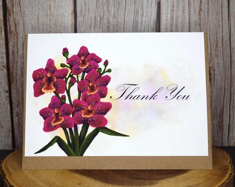 Hand Painted Orchid Thank You Card - Linen Paper, Blank Inside, Floral Art
