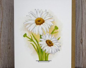 Hand Painted Daisy Greeting Card - Linen Paper, Blank Inside, Floral Art