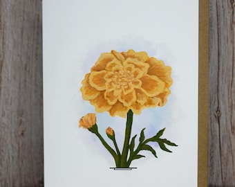Hand Painted Marigold Greeting Card - Linen Paper, Blank Inside, Floral Art