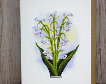 Hand Painted Lily of the Valley Greeting Card - Linen Paper, Blank Inside, Floral Art