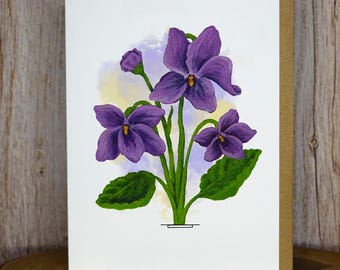 Hand Painted Violet Greeting Card - Linen Paper, Blank Inside, Floral Art