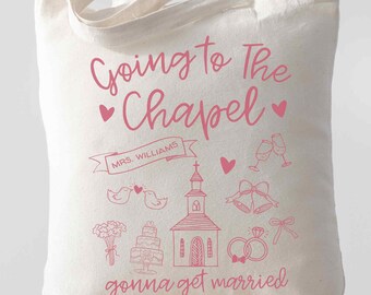 Personalized Bride Tote Bag Going to the Chapel Gonna Get Married Coquette Bride Tote Bachelorette Party Bridal Party Gifts Bachelorette