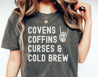 Comfort Colors Retro Halloween Shirt, Spooky Season, Vintage Halloween Tee, Retro Fall Shirt, Witch Shirt, Coven Coffins Coffee Shirt