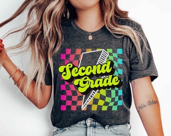 Second Grade Teacher Shirts 2nd grade Teacher Tee Elementary Back To School Retro Second Grade Teaching Team Appreciation Gift Checkered 90s