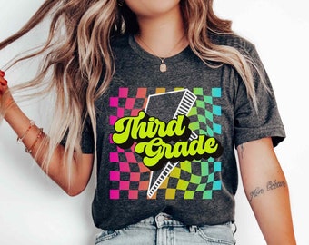 Third Grade Teacher Shirts 3rd grade Teacher Tee Elementary Back To School Retro First Grade Teaching Team Appreciation Gift Checkered 90s