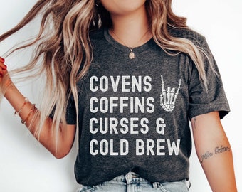 Retro Halloween Shirt Spooky Season,Vintage Halloween Tee Retro Fall Shirt Witch Shirt Covens Coffins Coffee Cold Brew Shirt Skeleton Hands