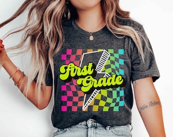 First Grade Teacher Shirts 1st grade Teacher Tee Elementary Back To School Retro First Grade Teaching Team Appreciation Gift Checkered 90s