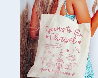 Personalized Bride Tote Bag Going to the Chapel Gonna Get Married Coquette Bride Tote Bachelorette Party Bridal Party Gifts Bachelorette