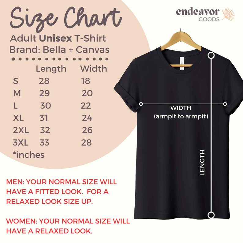 K&ouml;nnte beinhalten: Gr&ouml;&szlig;entabelle f&uuml;r ein Unisex-T-Shirt mit Ma&szlig;en in Zoll f&uuml;r L&auml;nge und Breite. Die Tabelle umfasst die Gr&ouml;&szlig;en S, M, L, XL, 2XL, 3XL. Die Marke ist Bella + Canvas. Die Tabelle enth&auml;lt auch ein Diagramm eines T-Shirts, das zeigt, wie man L&auml;nge und Breite misst.