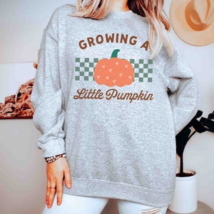 May include: Sport grey sweatshirt with the text "Growing a Little Pumpkin" and a pumpkin graphic. The pumpkin is orange with a green stem and heart details. The text is in brown, with a green and white checkered background.