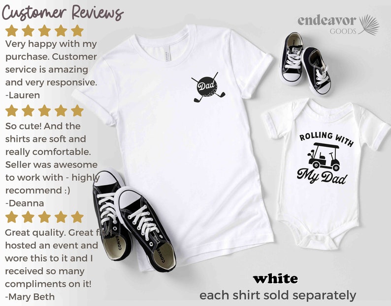 May include: Two white t-shirts with a golf theme. The larger shirt says "Dad" with a golf ball and clubs. The smaller shirt says "Rolling with My Dad" with a golf cart graphic. Both shirts are on a white background with black text and graphics.