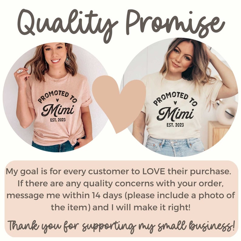 May include: Two women wearing light pink and white t-shirts with the text "Promoted to Mimi Est. 2023". The shirts feature a heart design above the text. The women are smiling and looking at the camera.