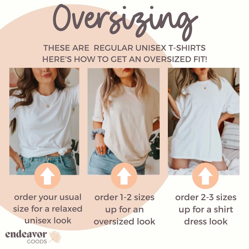 May include: Three women wearing white t-shirts, demonstrating how to size up for an oversized look. The first woman is wearing her usual size for a relaxed fit. The second woman is wearing a size up for an oversized look. The third woman is wearing two sizes up for a shirt dress look. The text reads "Oversizing" and "These are regular unisex t-shirts. Here's how to get an oversized fit!"