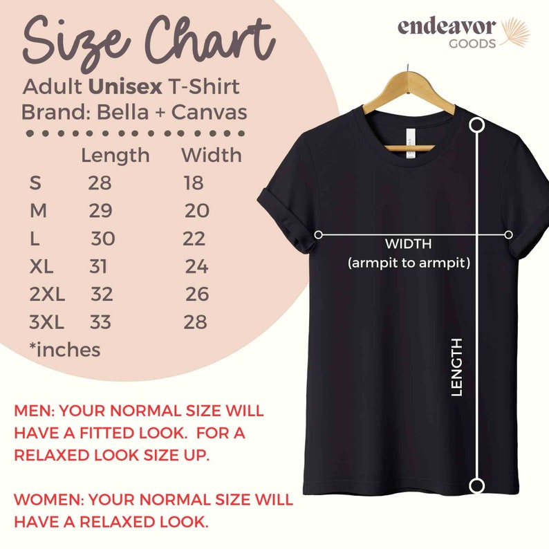 Pode incluir: Tabela de tamanhos para uma camiseta unissex, mostrando as medidas em polegadas para o comprimento e a largura. A tabela inclui os tamanhos S, M, L, XL, 2XL e 3XL. A marca &eacute; Bella + Canvas. A tabela tamb&eacute;m inclui um diagrama de uma camiseta com as medidas etiquetadas.