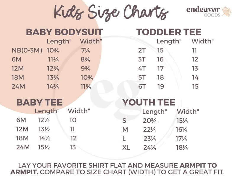 K&ouml;nnte beinhalten: Eine Tabelle mit Gr&ouml;&szlig;eninformationen f&uuml;r Baby-Bodys, Baby-T-Shirts, Kleinkind-T-Shirts und Jugend-T-Shirts. Die Tabelle enth&auml;lt die Ma&szlig;e f&uuml;r L&auml;nge und Breite in Zoll.